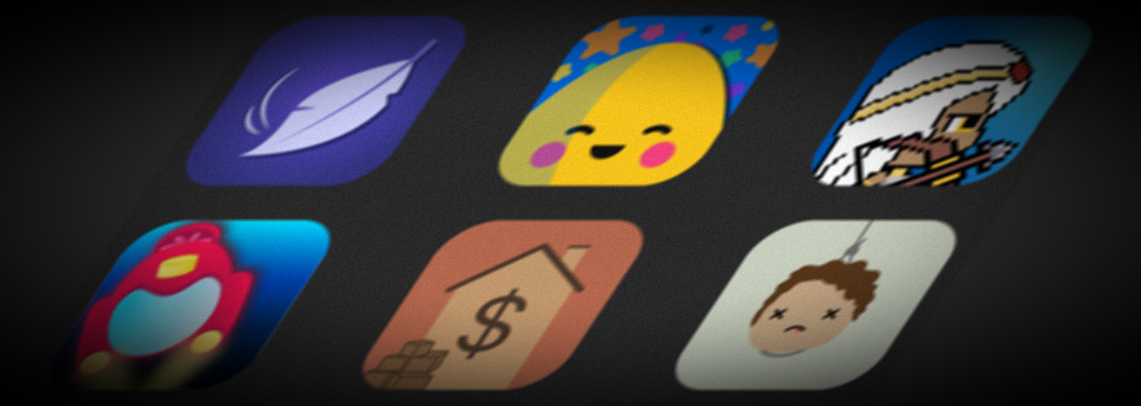 Six App icons skewed at about 30 degrees the background is gray and has a vignette applied over everything.